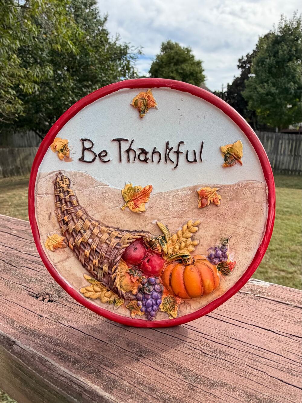 "Be Thankful" Thanksgiving Cornucopia 3D Resin Tabletop Plaque Decor 5"